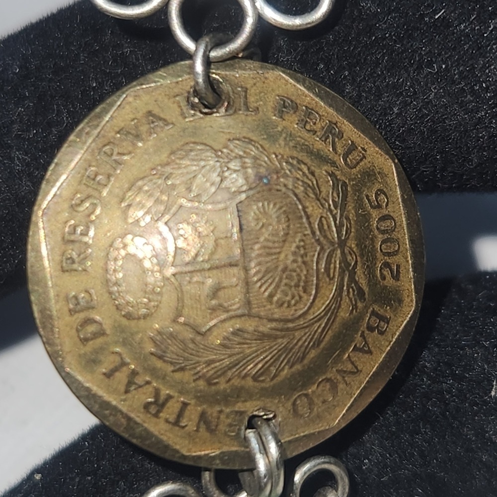 Vintage Peru Coin Bracelet 10 Centimos 2005 2013 Green Bead Artisan Boho Jewelry